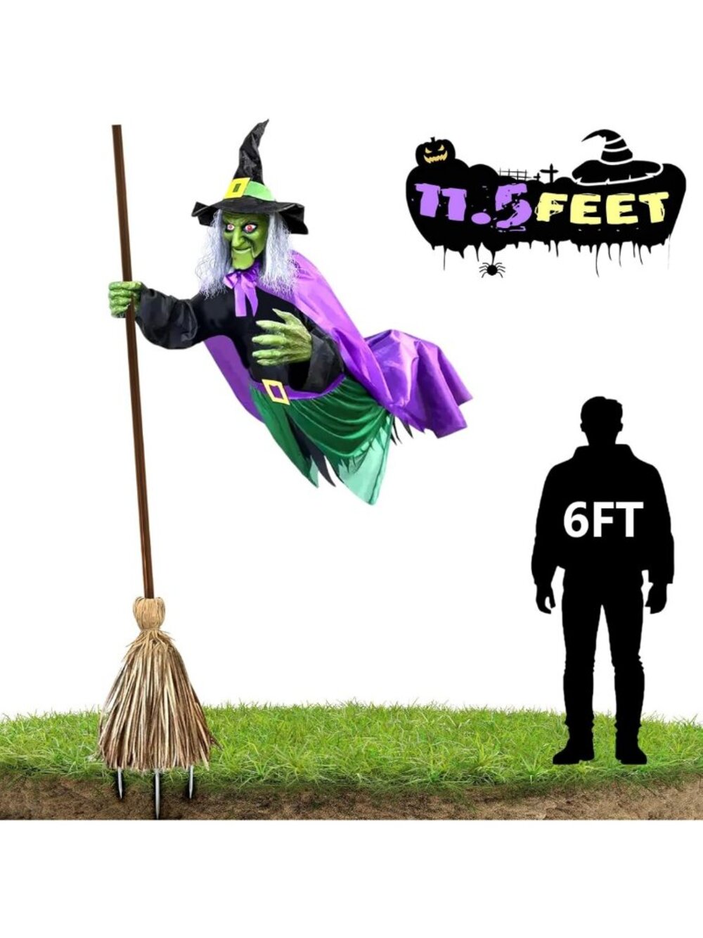 11.5 Ft Animated Hovering Witch - Scary Outdoor Halloween Decor with Sound